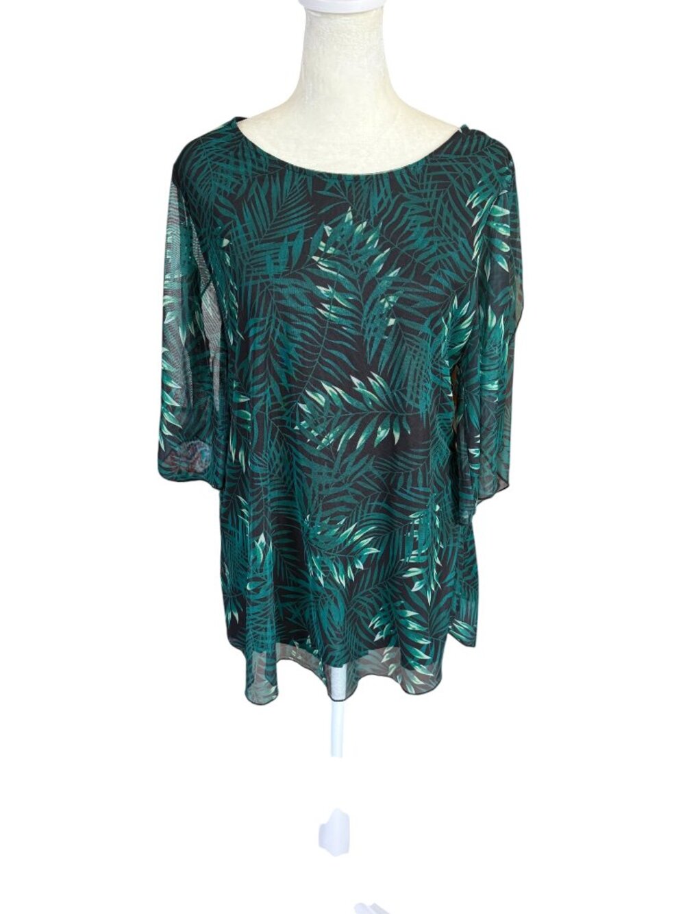 Sese Code green leaf print elbow length sleeve chiffon overlay women's size M